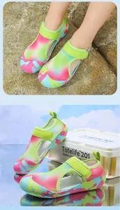 Detailed view of breathable mesh water shoes for kids with colorful gradient pattern