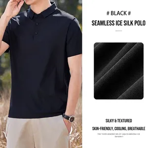 Detail view of men's black ice silk cooling Polo shirt with seamless fabric texture