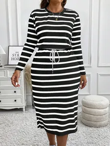 Casual plus size black and white striped long sleeve drawstring dress detail view