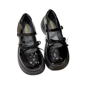 Glanzende zwarte Mary Jane schoenen voor meisjes met strik en dikke zool