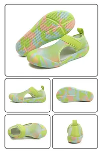 Detailed multi-angle views of breathable green camo children's water shoes with mesh