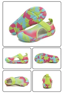 Detailed multi-angle views of kids breathable mesh wading shoes with colorful pattern