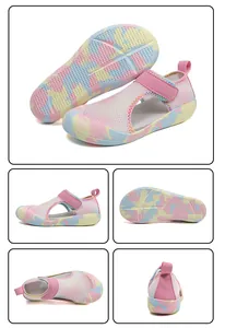 Multi-angle views of kids' breathable mesh wading shoes with colorful soft soles