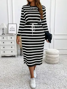Detailed view of plus size black and white striped long sleeve drawstring midi dress