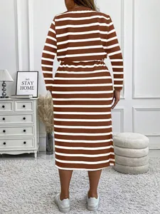 Back view of a plus size brown and white horizontal striped long-sleeved midi dress