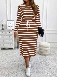 Brown and white striped long-sleeved midi dress with drawstring waist.