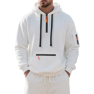 Felpa con cappuccio in pile bianco pesante da uomo con dettagli di cerniera arancione