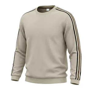 Sweat beige à col rond pour homme en maille gaufrée avec manches à rayures tricolores