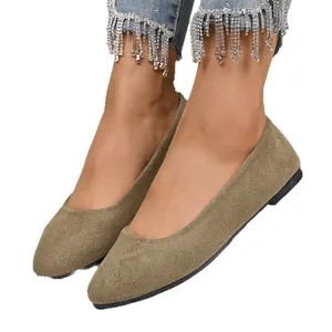 Eleganti ballerine in pelle scamosciata kaki a punta quadrata per scarpe da donna