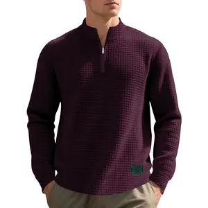 Detail view of men's burgundy waffle knit sweatshirt with stand collar and zipper