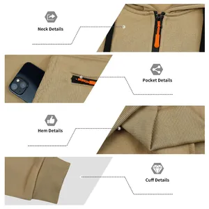 Detailansichten eines schweren Herren-Fleece-Hoodies mit orangen Reißverschlüssen
