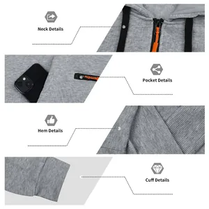 Detailansicht des grauen Fleece-Hoodies mit Halsreißverschluss, Tasche, Saum und Rippbündchen.