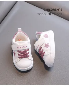White waterproof microfiber leather toddler shoes with pink glitter stars and heart design