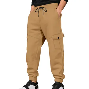 Heren khaki fleecegevoerde cargo joggingbroek met multi-zakken en verstelbaar trekkoord