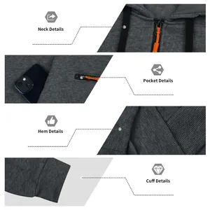 Details der grauen Fleece-Kapuzenjacke mit Reißverschluss, Tasche, Bündchen und Saum