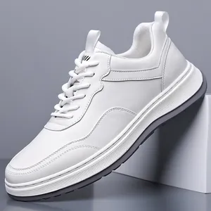 Modern men's white casual leather sneakers with thick sole and breathable design