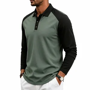 Close-up of men's raglan long-sleeve polo shirt in contrast green and black colors