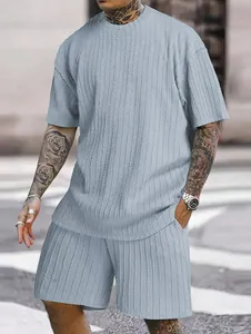 Herren Sommer Mode Lässig Sport Zwei-Teiliges Set Zopfmuster-Textur Rundhals Kurzarm T-Shirt und Fünf-Punkt-Shorts Einfarbig Schnelltrocknend Komfortables Trainingsanzug Outfits für Herren