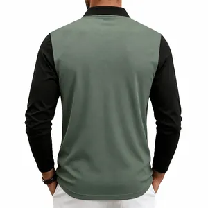 Back view of men's color block long sleeve polo shirt with green body and black sleeves