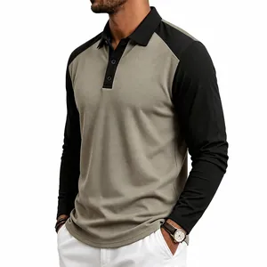 Detailed view of a men's color-block raglan long-sleeved golf polo shirt.