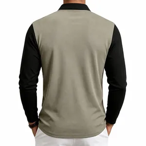 Back view of a men's stylish color-block long-sleeved polo shirt in olive and black