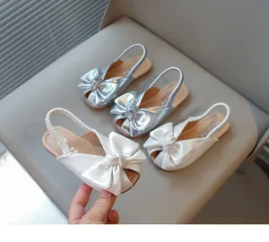 Elegant girls' silver and white peep-toe bow sandals with elastic back strap design