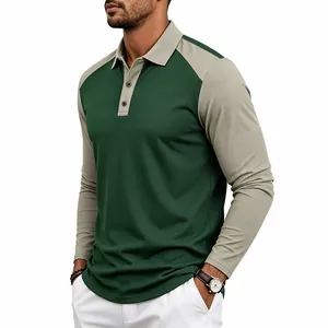 Detail shot of men's long-sleeve raglan polo shirt featuring green and grey color block design