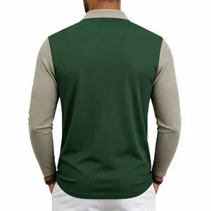 Back view of a men's long-sleeve color-block golf polo shirt in green and khaki