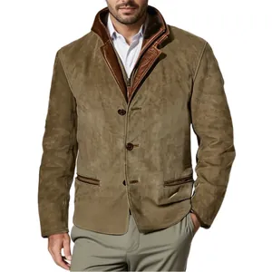Classic men's olive green Michigan work jacket with brown leather collar details