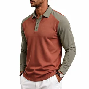 Men's raglan long-sleeve polo shirt with brick red and olive green color block design.