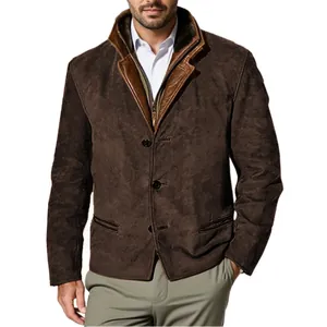 Men's retro brown Michigan work jacket with double collar and soft suede texture