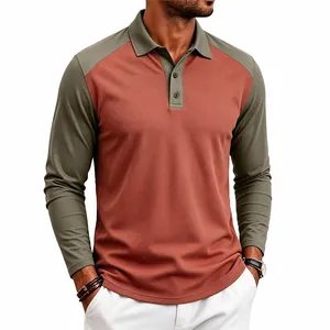 Close-up view of a color block long sleeve golf polo shirt with raglan sleeves