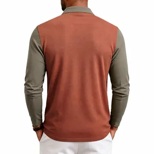 Rear view of a men's American golf long-sleeved polo shirt featuring a stylish color-block design