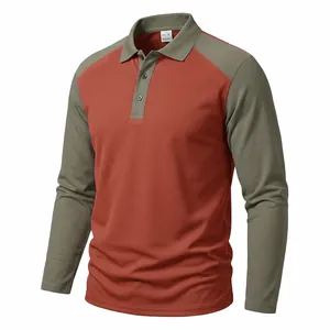 Detail view of long sleeve polo shirt featuring raglan sleeves and two-tone colorway