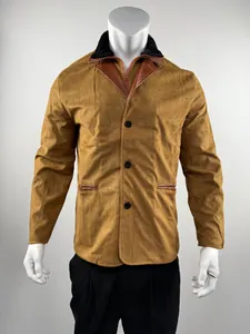 Detail view of men's vintage Michigan work jacket with suede texture and fur collar