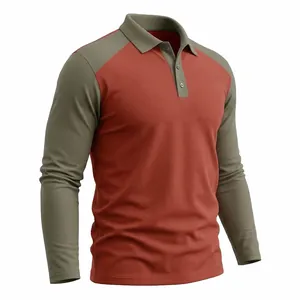 Detail view of a men's long-sleeve color-blocked polo shirt in red and olive green.