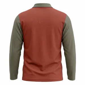 Back view of a long-sleeved piqué polo shirt featuring color-blocked raglan sleeves and collar.