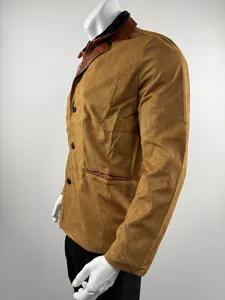 Detailed side view of brown retro Michigan work jacket featuring a leather collar on a mannequin