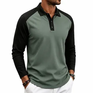 Detailed view of men's raglan long sleeve polo shirt with breathable green and black fabric.