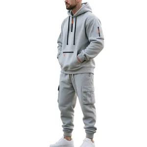 Heavyweight grey fleece tracksuit set for men featuring a hoodie and cargo jogger pants
