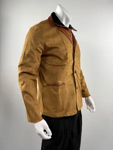 Detailed side view of men's vintage brown suede Michigan work jacket with faux leather trim