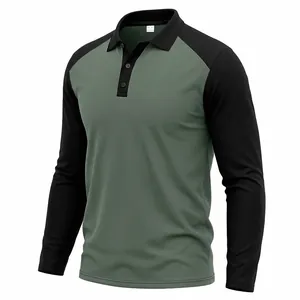 Detail of long-sleeved raglan polo shirt in green and black contrast colors