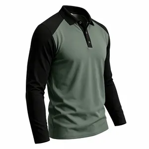 Detail of long-sleeve color-block polo shirt with raglan sleeves and sage green body
