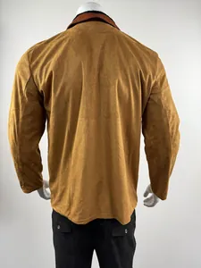 Back view of a men's American retro Michigan work jacket in brown suede fabric finish
