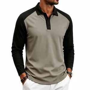 Close-up of men's raglan long-sleeved polo shirt in grey and black color block style