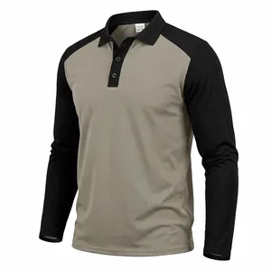 Detail of men's long sleeve raglan polo shirt in khaki and black color-block design