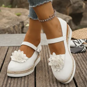 Zapatos de Cuña de Moda para Mujer 2025 Primavera Talla Grande Punta Puntiaguda Plataforma Zapatos Planos Cáñamo Tejido Flores Hebilla Mary Jane Tacones
