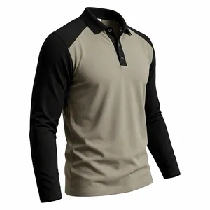 Detailed macro view of long sleeve raglan golf polo shirt in khaki and black colorblock