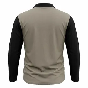 Back view of long sleeve golf polo shirt with khaki body and black raglan sleeves