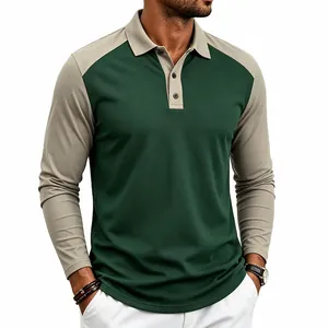 Close-up of men's long-sleeved golf polo shirt featuring green and beige raglan sleeves